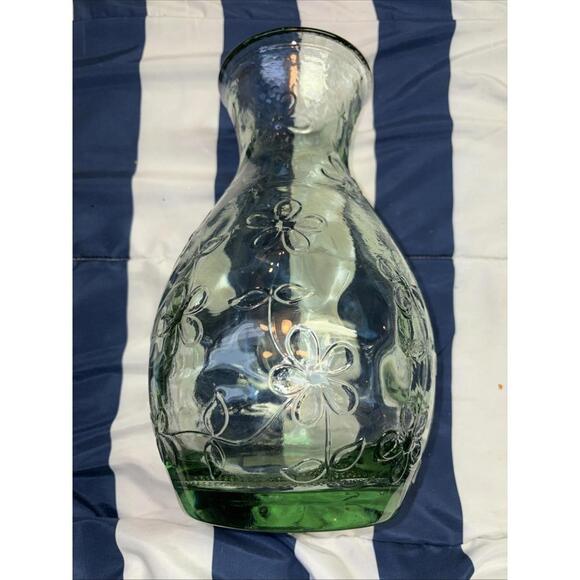 Vintage Green Recycled Glass Daisy Embossed Bottle - Beautiful Heavy Piece! 13”
